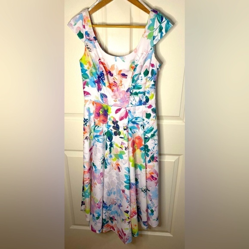 Calvin Klein White & Colorful Floral Formal Midi Dress Size 8 Beautiful - Picture 5 of 8